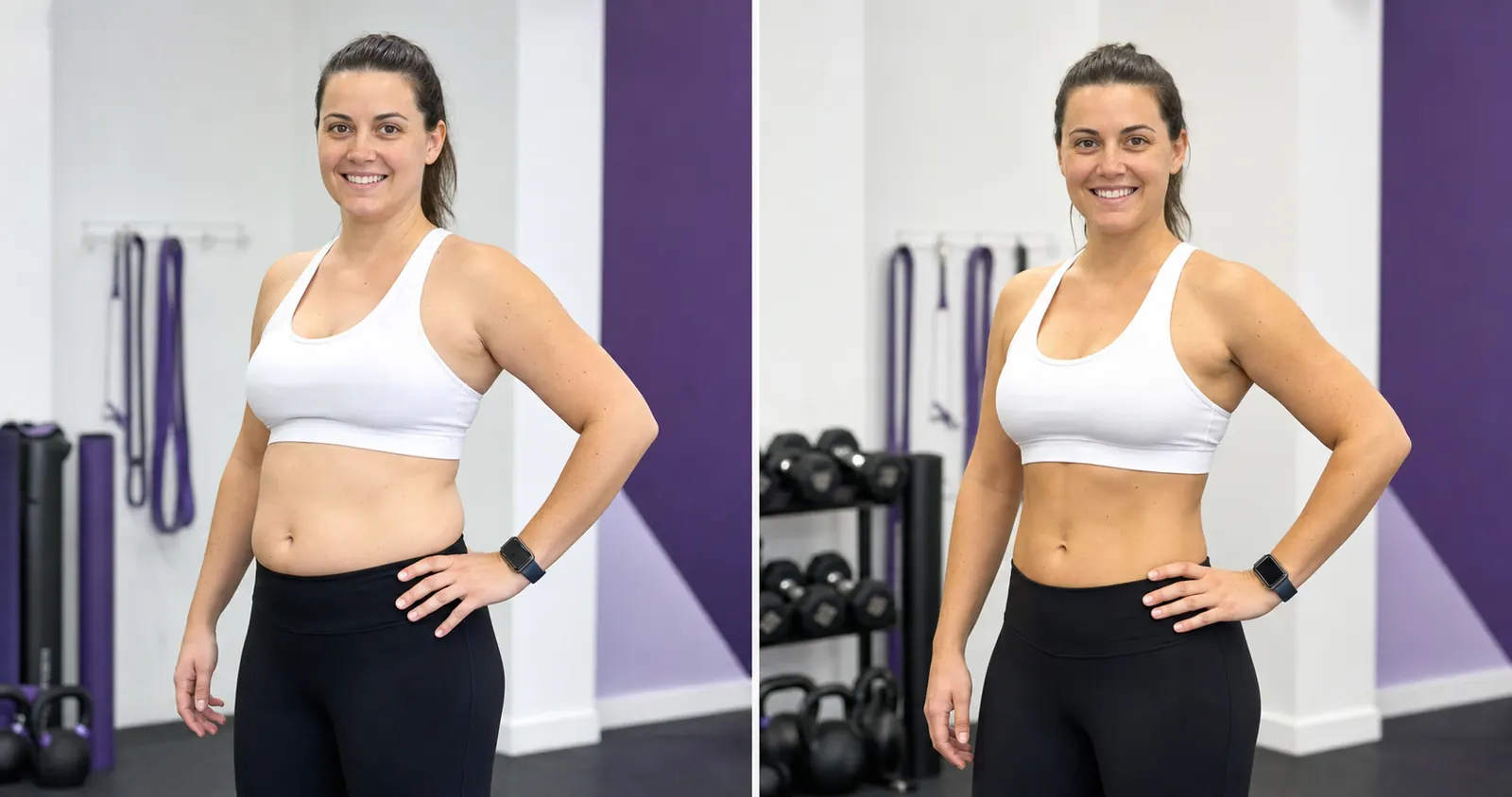 Female client before and after fitness transformation example