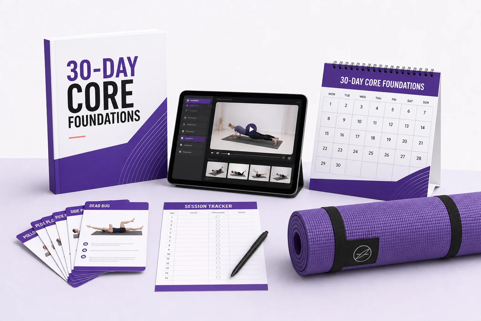 30-Day Core Foundations program with video library, calendar and tracker