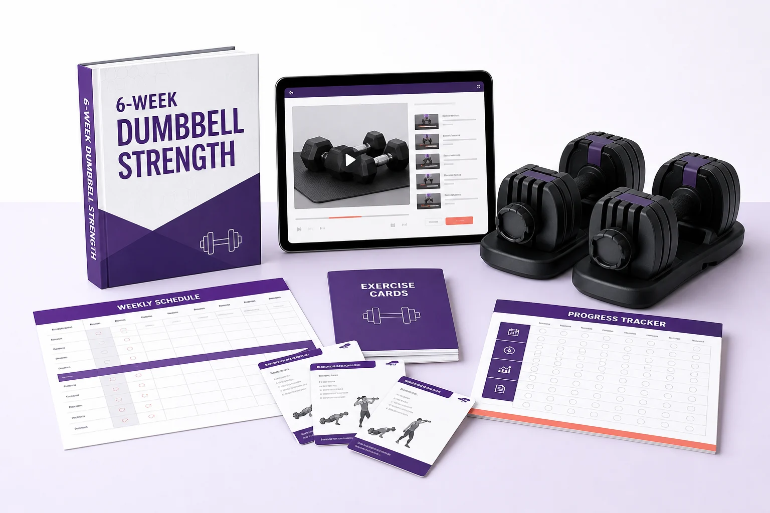 6-Week Dumbbell Strength program with exercise videos, schedule and tracker