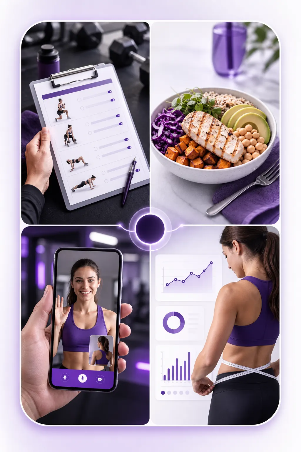 MedFitCoach online coaching visual: training, nutrition, check-ins, and progress tracking